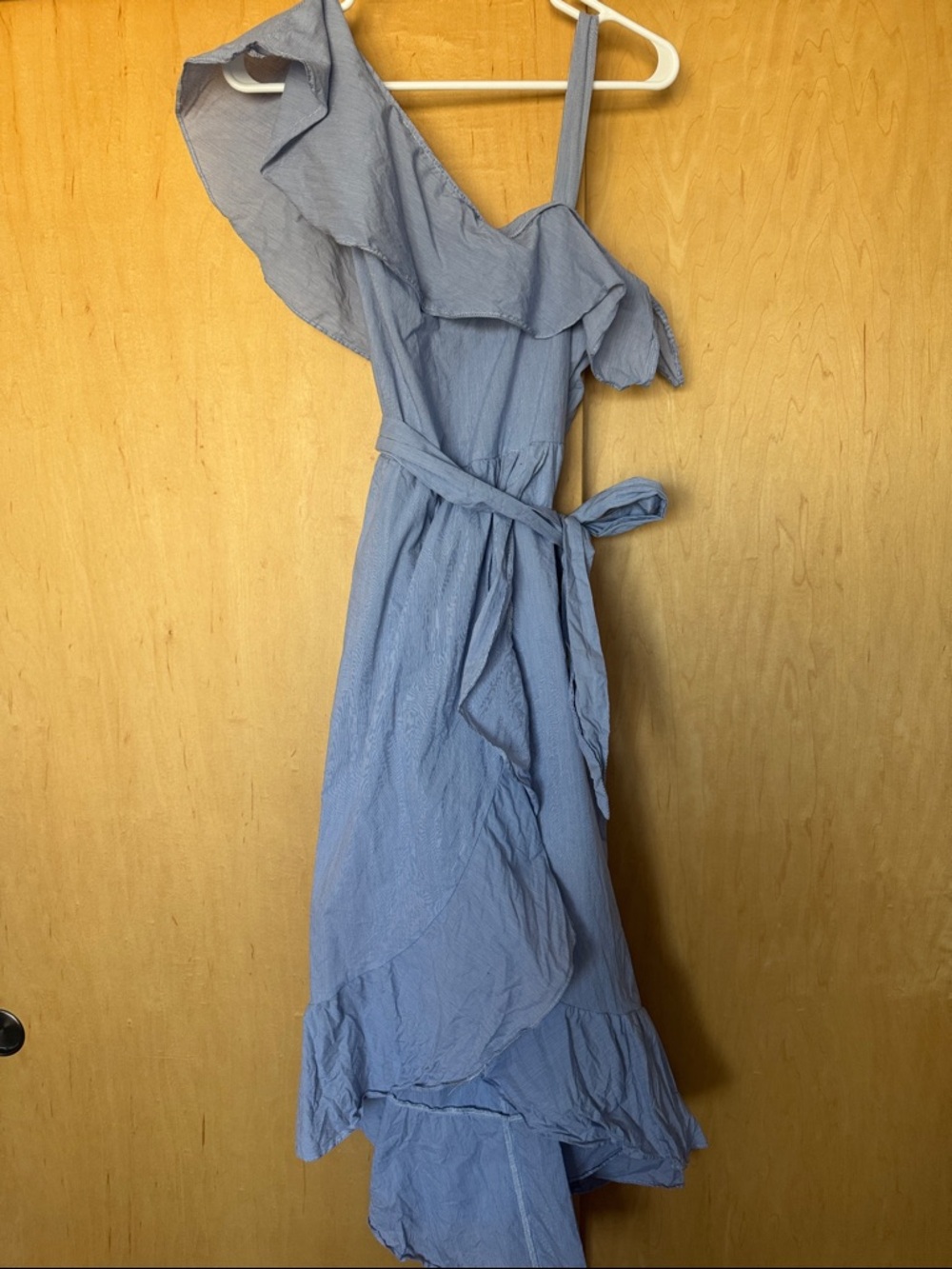 Signature by Sangria One-Shoulder Ruffle Wrap Dress in Light Blue